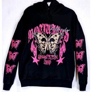 Romwe Hoodie Sweatshirt Size Medium Black Pink Butterflies Skulls Graffiti Text